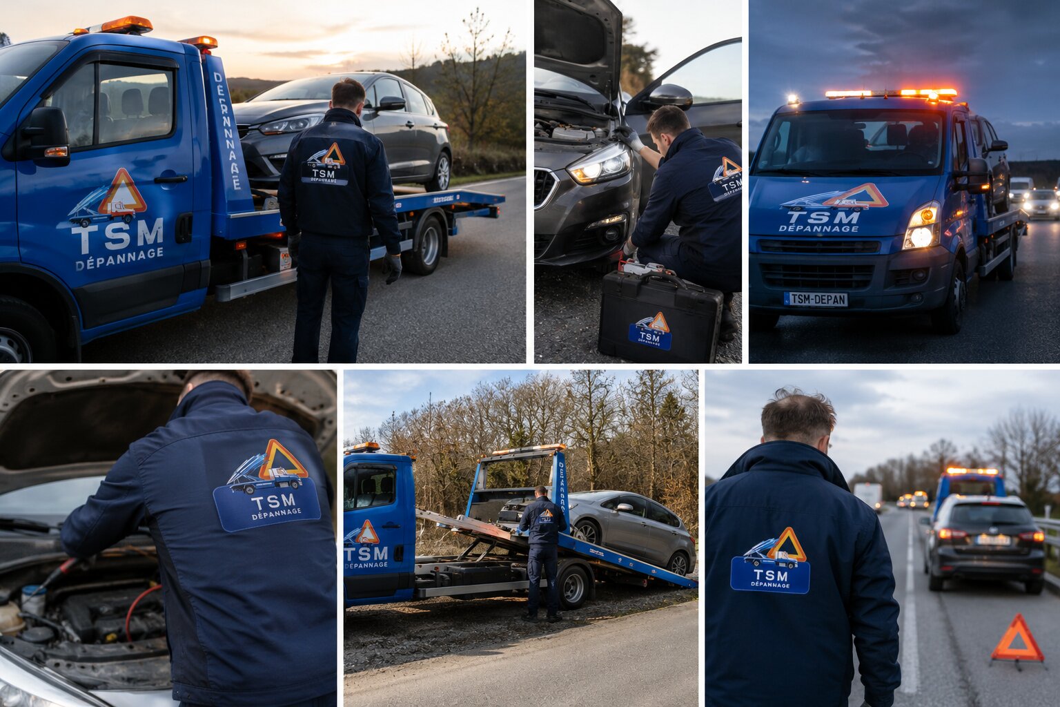 Six scènes d'intervention TSM Dépannage : remorquage, mécanique, plateau, équipes