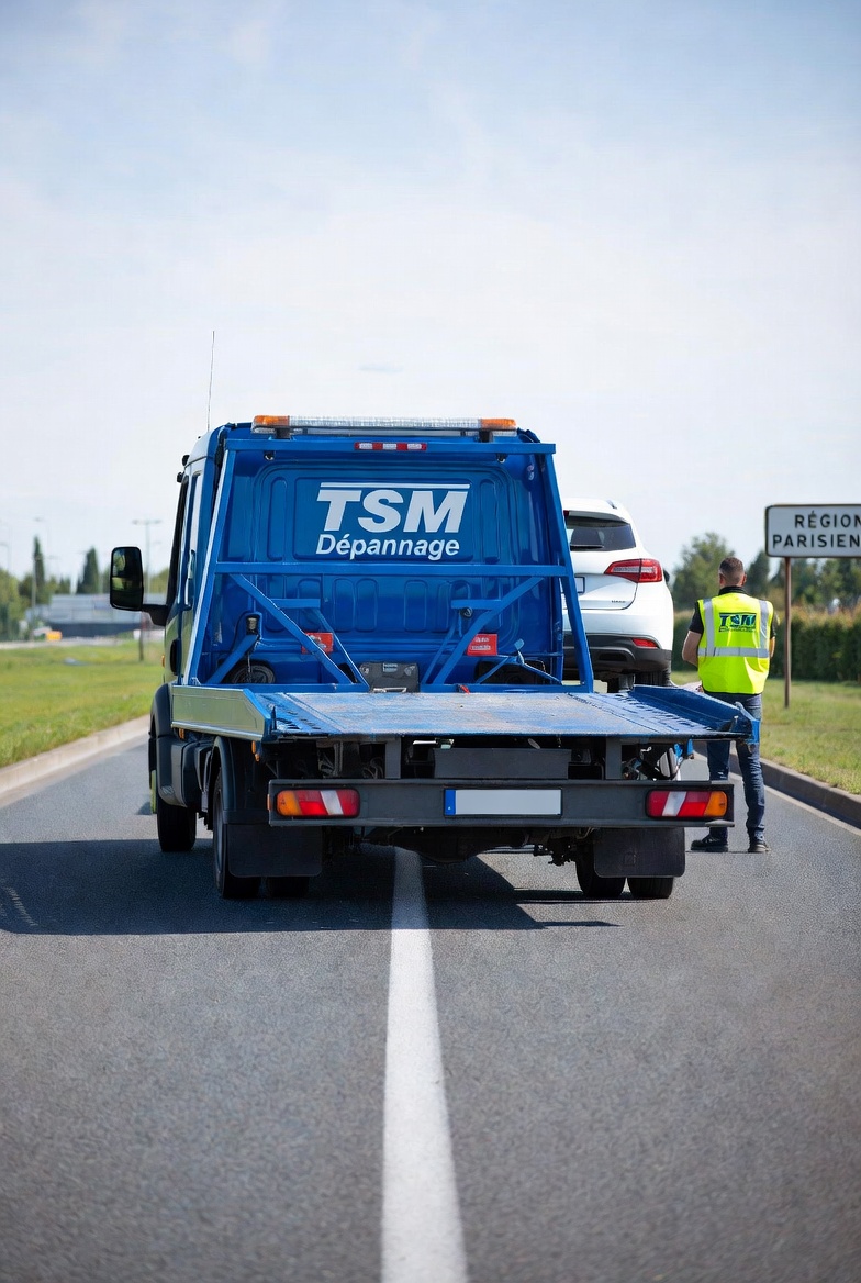 Camion plateau TSM Dépannage avec dépanneur en gilet jaune sur route francilienne